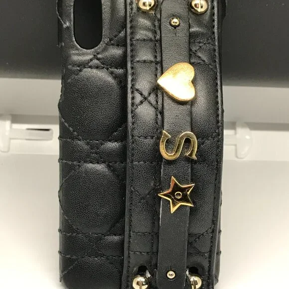 Christian Dior Cannage Black Leather iPhone X XS Cellphone Case /1D2386